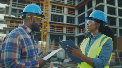 attractive woman and male, holding a clipboard, speaking to a group of workers