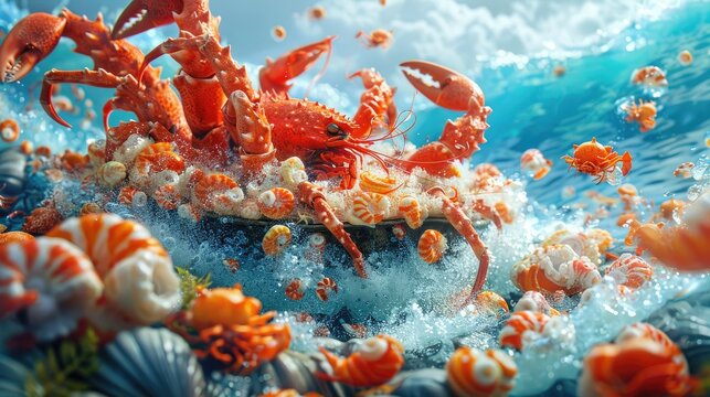 Red Crab's Vibrant Ocean Voyage - A 3D of a Colorful Seafood Feast