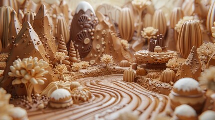 Obraz na płótnie Canvas Chocolate Desert Landscape: A Scrumptious Journey Through Intricately Crafted Cacti and Textured Mountains