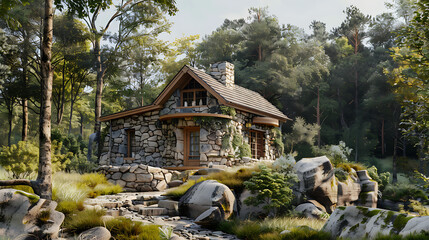 Classic stone cabin that blends with the natural surroundings