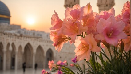 Close-Up Macro View of Pink Gladiolus Flowers Capture Front of Mosques with Ethereal Blur Background