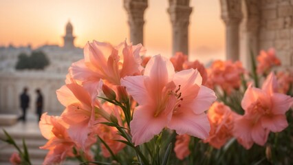 Close-Up Macro View of Gladiolus Pink Flowers Capture in the Aqsa Mosque and Ethereal Blurry Background