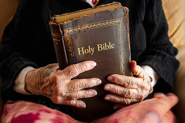 Elderly Woman Sitting Down with Blanket Holding Bible