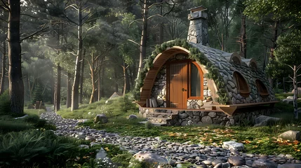 Stickers pour porte Texture du bois de chauffage Classic stone cabin that blends with the natural surroundings