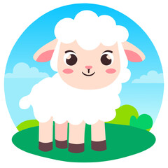 Fototapeta premium A cute sheep stands in a lush green pasture, its white wool contrasting with the vibrant colors of nature.