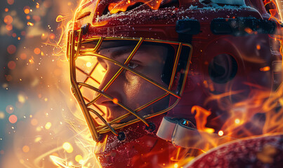 Professional ice hockey goalie portrait with creative fire element - Powered by Adobe