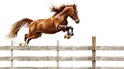 vibrant vault: a lively chestnut horse leaps with grace over the fence - Powered by Adobe