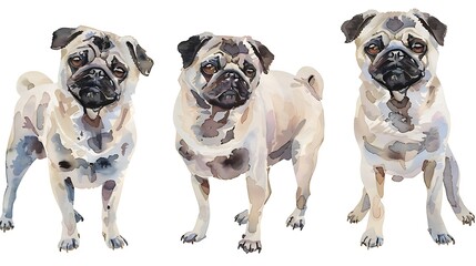serene assembly: an adorable lineup of mops puppies on a pure white backdrop