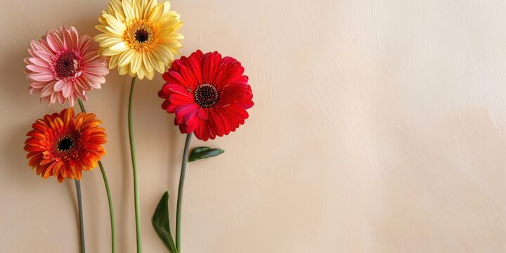 beautiful photo with copy space of: top view beautiful vivid spring flower minimalistic arrangement