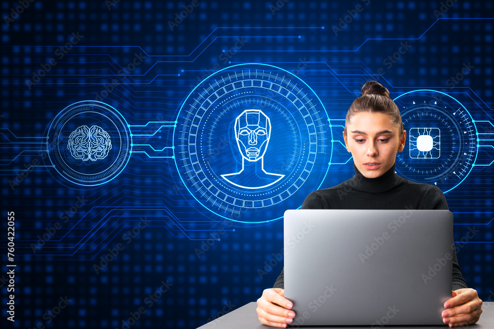 Poster attractive young woman using laptop with creative ai hologram on dark blue tech background. artifici