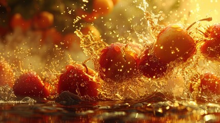Witness the Golden Hour's Radiant Energy: A Cherry Plunging into Water, Embodying the Mid-Journey Adventure