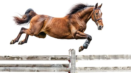 equipped elegance: a brown horse's leap over the fence, adorned with boots and bridle - obrazy, fototapety, plakaty