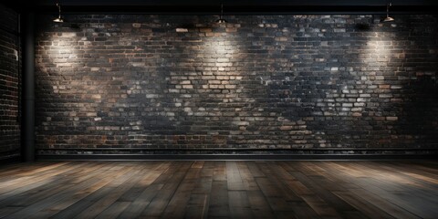 Roomy Loft With Deep Wood Floors Matte Black Brick Wall - obrazy, fototapety, plakaty