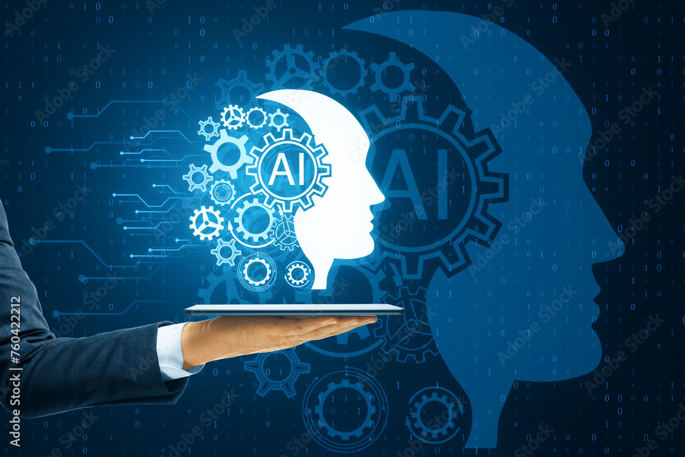 Poster close up of businessman hand holding smartphone with creative head outline and cogs ai hologram on d