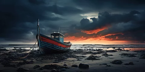 Fotobehang Solitary Ship Dry Land Stormy Sky © Eshaal