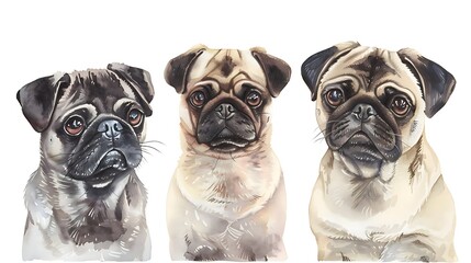 pug parade: a charming lineup of obedient pugs capturing hearts - obrazy, fototapety, plakaty