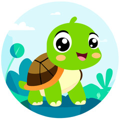 Obraz premium A cute turtle rests in its natural habitat, its shell adorned with intricate patterns and colors.