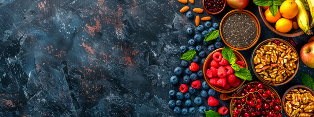 Colorful assortment of healthy superfoods on dark background