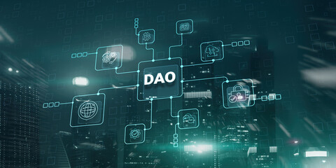 Decentralized Autonomous Organization Concept. Modern City Background