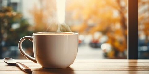 White Coffee Cup With Spoon With Cafe Background - obrazy, fototapety, plakaty