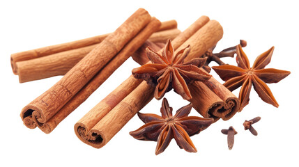 An aromatic array of cinnamon sticks, star anise, and cloves on a white background, capturing the essence of spices.