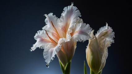 Close-Up Macro View of White Gladiolus Flowers Capture Ethereal Blurry Background