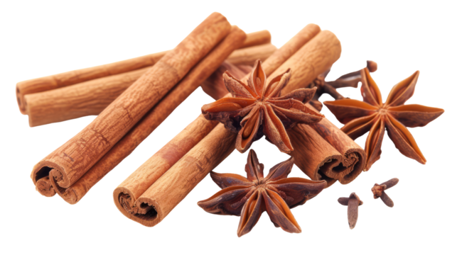 An aromatic array of cinnamon sticks, star anise, and cloves on a white background, capturing the essence of spices.