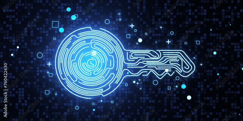 Aufkleber Creative fingerprint key on blue background. Concept of cyber security or private key in cryptocurrency technology, shape of key combined with fingerprint and electronic pattern. 3D Rendering.