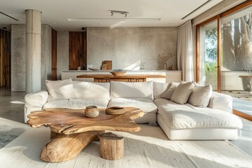 Spacious villa, minimalist interior design approach is showcased. Luxurious beige sofa pairs elegantly with a rustic live edge coffee table, creating a harmonious blend of comfort and sophistication.