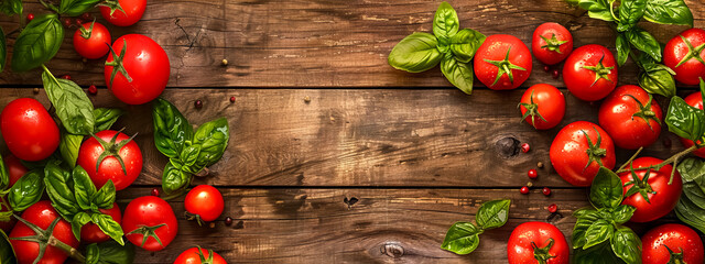 Fresh tomatoes and basil on wooden background - obrazy, fototapety, plakaty