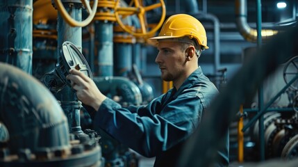 A male worker at a water supply station inspects water pump valve equipment at a large industrial estate. Water pipes. Industrial plumbing. - obrazy, fototapety, plakaty