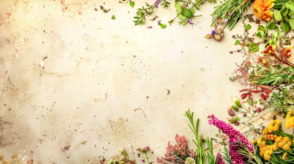 Colorful herb and flower border on vintage background