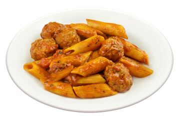 Meatballs and noodles with tomato sauce isolated on white background
