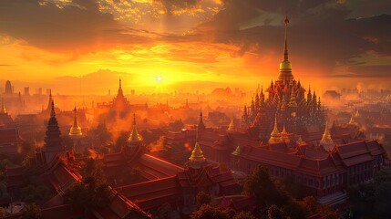 Golden Sunset Fantasy Cityscape - Thai Capital Bangkok with Emerald Buddha Temple and Sprawling Temples