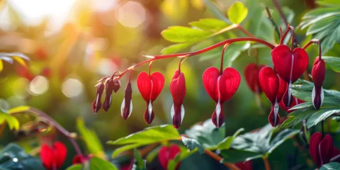 Deurstickers Dicentra spectabilis red bleeding hearts on the branch, Branch of Red Dicentra: Spectacular Bleeding Heart Flowers © Tepo