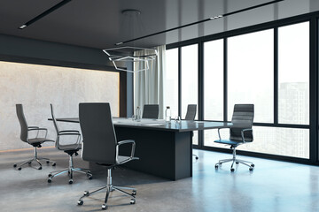 Contemporary spacious conference room office interior with furniture and panoramic window with city view and daylight. 3D Rendering.