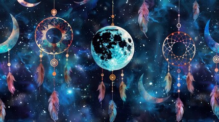 moonphase galaxy dreamcatcher pattern glowing, 16:9 - obrazy, fototapety, plakaty