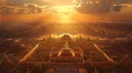 Golden Sunset Overwhelms Ancient City with Majestic Buddha Statue - obrazy, fototapety, plakaty