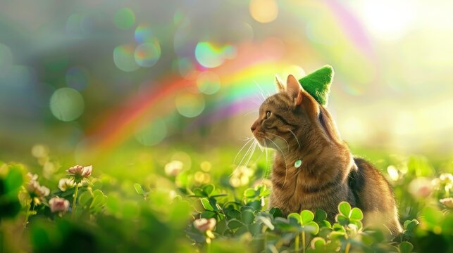 Sitting cat in a clover meadow, green hat on its head, a colorful rainbow in the background, concept: St. Patricks Day, copy space, 16:9