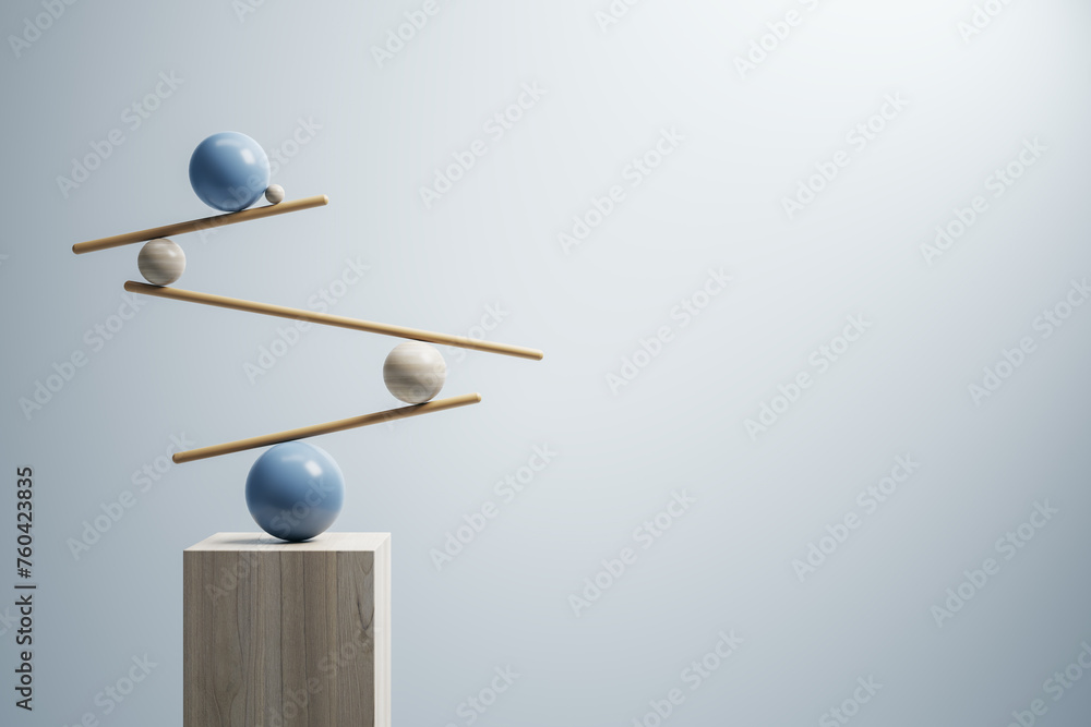 Poster minimalist 3d composition of balancing spheres on wooden beams. harmony and design concept. 3d rende