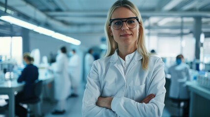 Caucasian woman scientist lab technician wearing a white lab coat with blonde hair