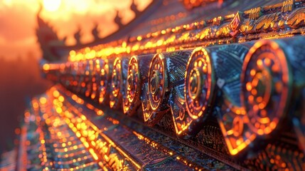 Ancient Chinese Dragon Scroll Illuminated by Warm Orange Light and Intricate Neon Patterns - obrazy, fototapety, plakaty