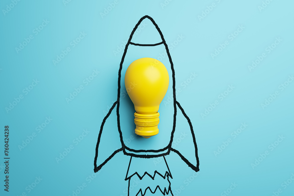 Aufkleber creative spaceship sketch and yellow lamp on blue background. start up, new business ideas and launc