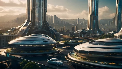 Fotobehang Futuristic future city with flying saucer over modern skyscrapers. © ASGraphics
