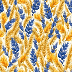 Bucolic Charm Seamless Pattern: Immerse in rustic beauty with golden wheat sheaves against tranquil blue, a nod to the Ukrainian flag's vibrant palette, in a seamless symphony of color for summer.