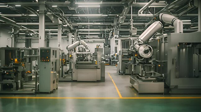 Robotic Equipment. Automated Machine. Industrial Factory machinery. Robotic equipment modern factory floor. Industrial factory indoors and machinery