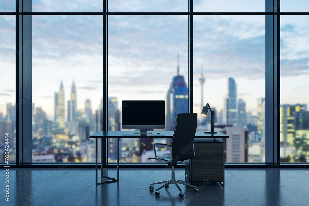 Aufkleber Modern office interior with empty computer monitor on desk and panoramic windows with beautiful city view and daylight. Mock up. Workplace concept. 3D Rendering.