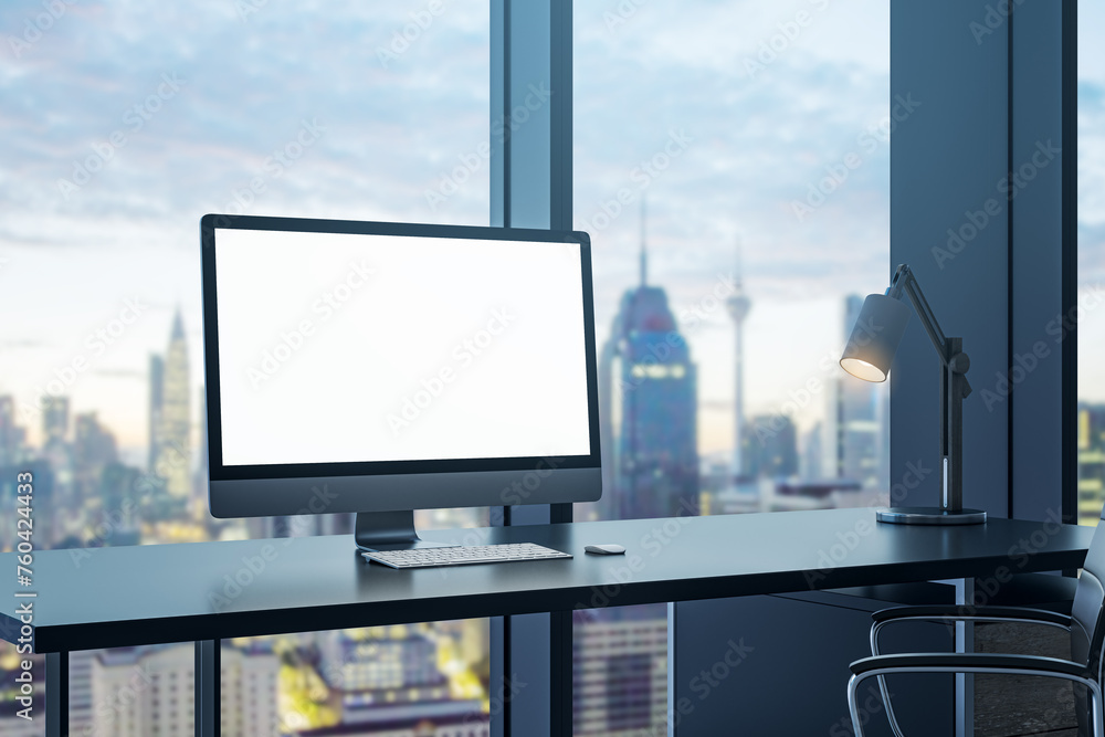 Poster Contemporary office interior with empty white computer monitor on desk and panoramic windows with beautiful city view and daylight. Mock up. Workplace concept. 3D Rendering.