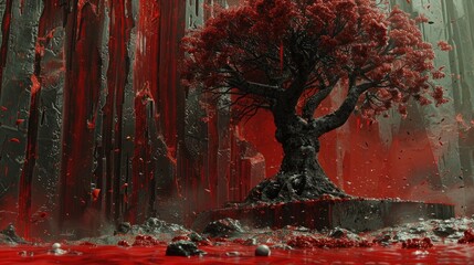 Crimson-Laden Red Tree Standing in an Ancient Forest: Cinematic Concept Art