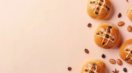 The British bake Hot cross buns sweet buns with raisins, decorated with a cross on the top, light...